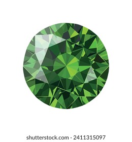Vector precious beautiful stone round shape, emerald, diamond, ruby, sapphire, crystal of green emerald color shimmers with sparkles on a white background. Luxurious element. Brilliant design