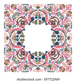 Vector precious frame for design template. Ornate square element in Eastern style. Colorful floral border. Lace decor for invitations, greeting cards, certificate, thank you message.