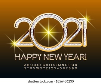 Vector precious greeting card Happy New Year 2021! Gold and Textured Silver Font. Elegant style Alphabet Letters and Numbers set