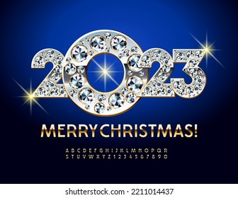Vector preciosa tarjeta de felicitación Feliz Navidad 2023! Fuente dorada. Conjunto de letras y números de alfabeto de estilo elegante
