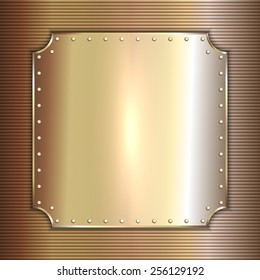 Vector precious metal gold plate with corners and rivets on lined background 