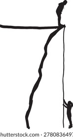 vector, a precipice drawn with a marker, a man watching a woman climbing a rope