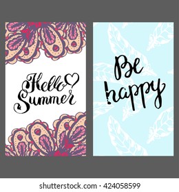 Vector pre-designed graphic beautiful funny decorative cute fairy abstract floral hand drawn cards with leaves, feathers and exemple of text. Wedding save the date invitation, party midsummer flyer