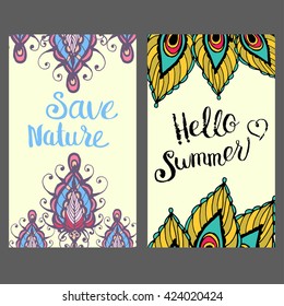 Vector pre-designed graphic funny decorative cute fairy abstract floral hand drawn cards with leaves, feathers and exempl of text. Wedding save the date invitation, party midsummer flyer