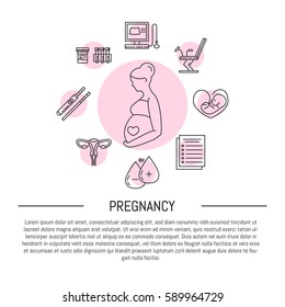 Vector Pregnancy banner in  trendy linear style. Gynecology clinic logo, design elements for hospital site