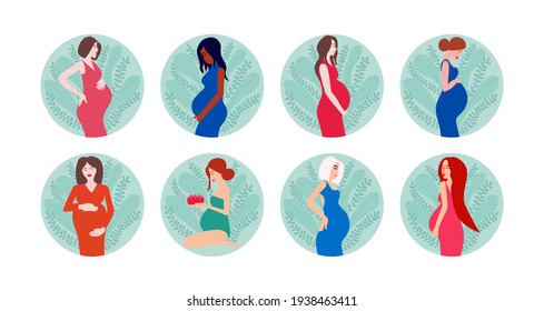 Vector pregnancy icon set. Different kinds of women holding their belly. Green leaves backgrounds. Pregnant woman holds her belly. Motherhood concept. Vector stock illustration.
