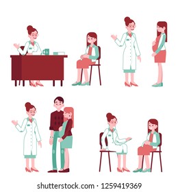 Vector pregnancy, motherhood concept characters set. Pregnant woman with man partner at at gynecologist visit at clinic. Male, female characters at a doctor.