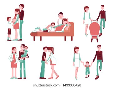 Vector pregnancy, motherhood concept characters set. Happy family life scenes frin pregnancy ti newborn baby and small kid son. Mother, father waling with stroller, kissing together