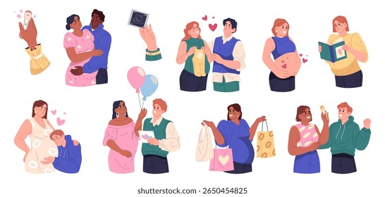 Conjunto de gestação vetorial ou sinal de parentalidade precoce. Família e maternidade, nascituro ou bebê. Mãe e pai esperando o bebê. Preparação de criança do sexo feminino. Casal, casal, maternidade. Antecipação da gravidez
