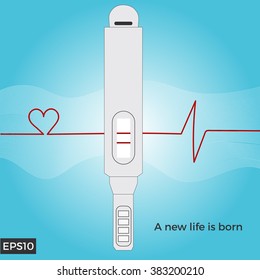 Vector pregnancy test with heart and heartbeat line to show the beginning of new life from love