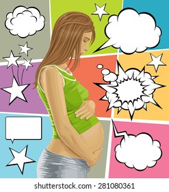 Vector pregnant female with tummy, waiting for new life, with speech and thought bubbles