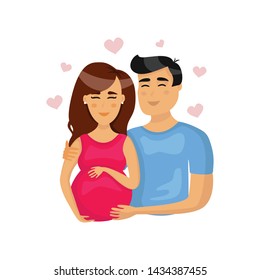Vector pregnant happy couple. Smiling husband hug his pregnancy wife. Man and woman with big belly isolated on white background. Illustration with cartoon character in flat style.