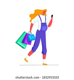 Vector pregnant woman carrying shopping bags in her hand, looking at her phone and ordering online. Concept shopping, ordering via Internet, self delivery. It can be used in web design, banners, etc.