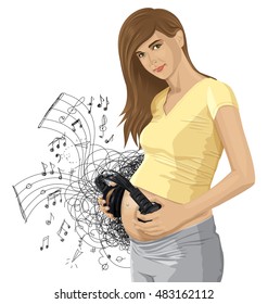 vector pregnant woman with headphones near her tummy, baby listen to the music
