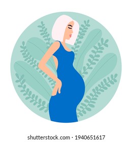 Ilustración de una mujer embarazada vector. Mujer embarazada de pelo rubio. Concepto de embarazo. Maternidad, maternidad. El verde deja el fondo.