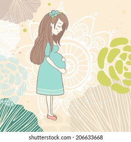 Vector pregnant woman on floral background