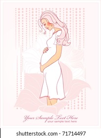 vector pregnant woman on a pink background with white flowers