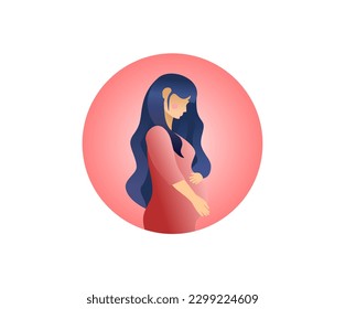 Vector of pregnant woman side view inside round shape, trendy icon for pregnancy theme