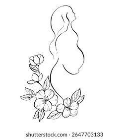 Mulher grávida vetor na silhueta segura a barriga perto de sakura florescente. Vetor desenhado à mão com cereja de contorno linear e macieiras na primavera. Ilustração de esboço de maternidade pacífica. Tatuagem