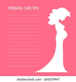 Vector pregnant woman silhouette with place for text next to her. Pregnant lady shape. Pregnancy leaflet template. Beautiful pregnant woman. Prenatal care tips brochure. Pregnancy healthcare.