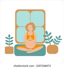 Vector pregnant woman siting at home in pose lotos, window, plants in flower pot. Yoga exercise for pregnant. Sport and meditation indoor, pregnant belly.