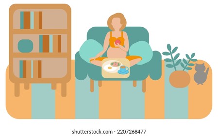 Vector pregnant woman siting at home in pose lotos on the green couch, plants in flower pot and grey cat. Woman eat her breakfast. Morning time at home. Pregnant belly.