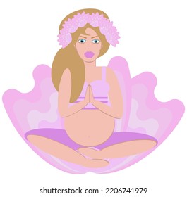 Vector pregnant woman siting in pose lotos. Yoga exersise for pregnant. Sport harmony and meditation, pregnant belly. Violet flowers.