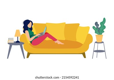 Vector Pregnant Woman Working on Sofa from Home, Remote Job Concept Interior Room Sofa Illustration Isolated on White Flat Design.