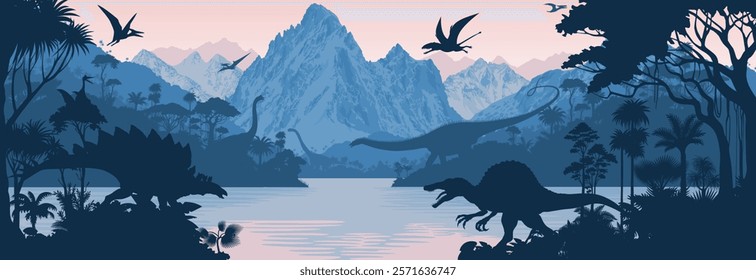 Vector prehistoric lake in jungle background with dinosaurs: Spinosaurus, stegosaurus, Diplodocus and pterodactyl