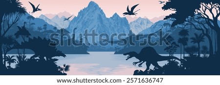 Vector prehistoric lake in jungle background with dinosaurs: Spinosaurus, stegosaurus, Diplodocus and pterodactyl