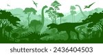 Vector prehistoric seamless jungle background with dinosaurs: Albertosaurus, Kentrosaurus, triceratops, brontosaurus and pterodactyl	