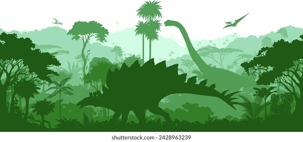 Vector prehistoric seamless jungle background with dinosaurs: stegosaurus, brontosaurus and pterodactyl