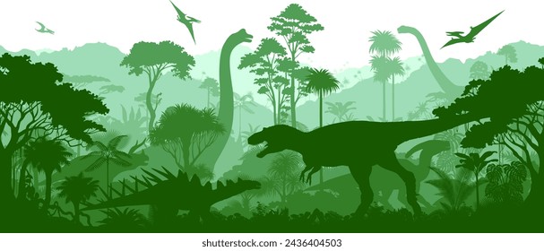 Vector prehistoric seamless jungle background with dinosaurs: Albertosaurus, Kentrosaurus, triceratops, brontosaurus and pterodactyl	