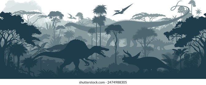 Vector prehistoric seamless jungle background with dinosaurs: Spinosaurus, triceratops, tiranosaurus, Kentrosaurus,  Diplodocus and pterodactyl