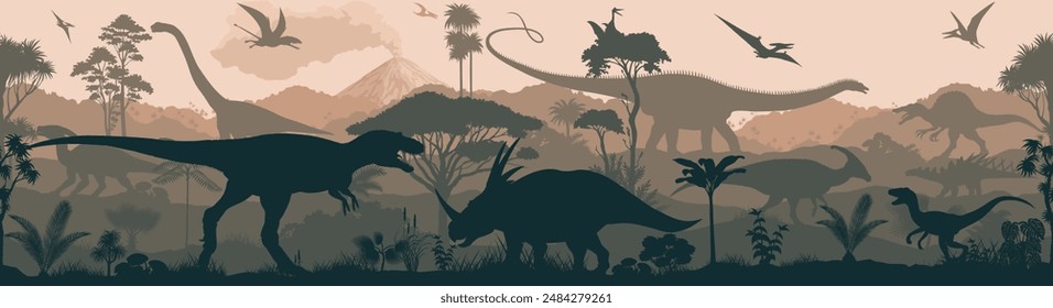 Vector prehistoric seamless jungle background with dinosaurs: styracosaurus, Parasaurolophus,  Spinosaurus, dimorphodon, Velociraptor, tiranosaurus, Kentrosaurus, Diplodocus and pterodactyl