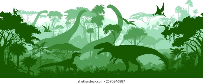 Vector prehistoric seamless jungle background with dinosaurs: Dromaeosaurus, Carcharodontosaurus, Bactrosaurus, brontosaurus, Patagotitan, Argentinosaurus and pterodactyls