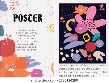 vector pre-made cards or posters in modern abstract style with nature motifs, flowers, leaves and hand drawn texture. Templates for your design