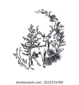 Vector pre-made Christmas greeting card with deer and winter plants, in vintage style