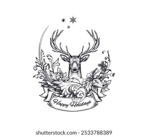 Vector pre-made Christmas greeting card with deer and winter plants, in vintage style