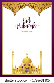Vector premade Eid Mubarak card. A4 page size. Vintage banner for yours Ramadan wishing. Arabic ornament, gold arch, mosque. Place for greeting text. Islamic Holidays background. Muslim Ramadan month.