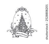 Vector pre-made greeting card with Christmas tree, winter plants and ribbon in vintage style