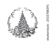 Vector pre-made greeting card with Christmas tree, fox and ribbon in vintage style