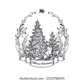 Vector pre-made greeting card with Christmas tree, fox and ribbon in vintage style