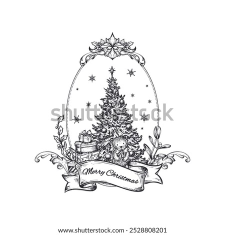 Vector pre-made greeting card with Christmas tree, winter plants and ribbon in vintage style