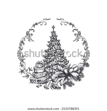 Vector pre-made greeting card with Christmas tree, fox and ribbon in vintage style