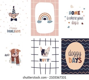 vector pre-made hand drawn greeting with cute dog illustration, phrases and rainbow for dog lovers 