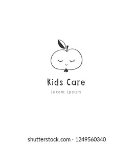 Vector premade hand drawn logo template. Cute sleepy apple with closed eyes. Element for children related business branding and identity. Black on white symbol.