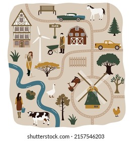 Vector premade map of the city with buildings, cars and people