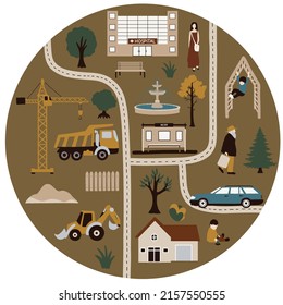 Vector premade map of the city with buildings, cars and people