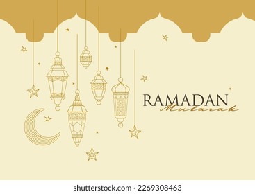 Vector premade Ramadan Mubarak card. A4 page size. Vintage banner for your Ramadan wishing. Arabic lanterns. Place for greeting text. Islamic Holidays background. Muslim feast of Ramadan month.